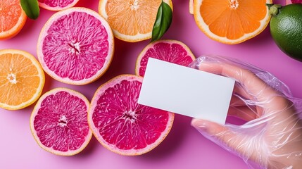 Hand holding blank card on citrus background: vibrant pink grapefruit and orange slices