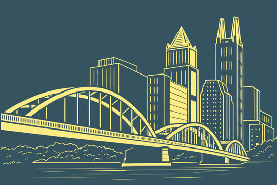 Minimalist Pittsburgh skyline with yellow bridges and modern style
