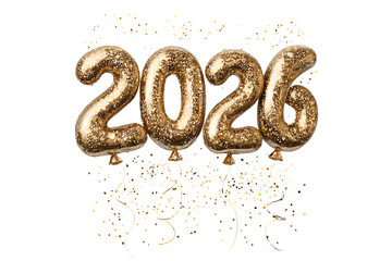 Golden Glitter Balloon 2026 New Year Date with Confetti, isolated on a transparent background.