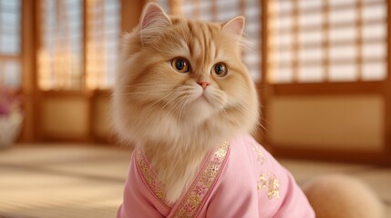 Adorable fluffy cat in kimono relaxing in traditional japanese room