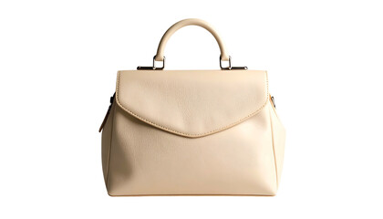 Beige leather satchel handbag with curved flap and handles, isolated on black background