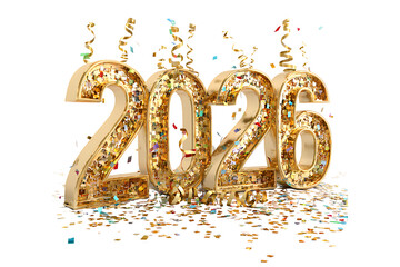 Naklejka premium Golden 3D 2026 New Year Date with Colorful Confetti and Streamers, isolated on a transparent background.