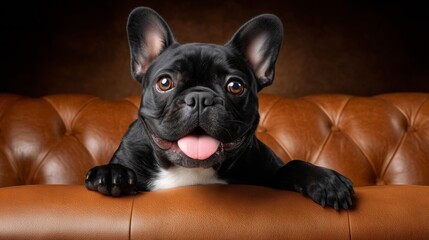 Adorable black french bulldog lying on a brown leather couch with tongue out