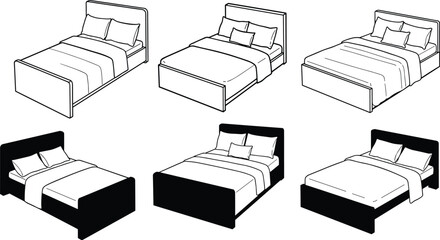 Collection of black and white bed vector illustrations with pillows, blankets, headboards, minimal bedding, modern furniture design elements