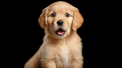 Golden retriever puppy on black background looking curious and adorable