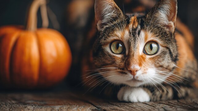 calico cat with green eyes and pumpkin