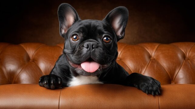 Adorable black french bulldog lying on a brown leather couch with tongue out
