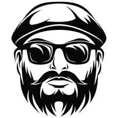 Monochrome bearded man gazes out wearing glasses and a newsboy cap for vintage style