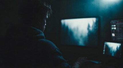 A person works intensely on multiple computer screens in a dark room one displaying a digital landscape illuminated by blue light