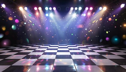 Colorful disco dance floor with lights shining in dark atmosphere  
