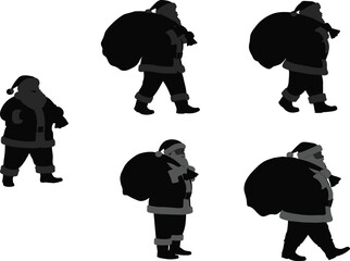 Santa Claus walking silhouettes carrying gift sack, traditional Christmas outfit, festive holiday vector illustration, winter celebration design, seasonal decoration artwork