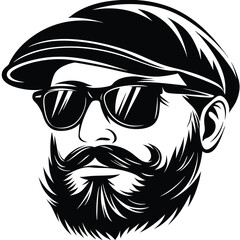Stylish bearded man wearing a flat cap and sunglasses is depicted in monochrome art