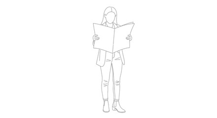Woman Reading Paper or Map Outline Illustration