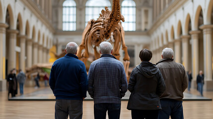 Visitors gaze at a colossal dinosaur skeleton in a grand museum hall, surrounded by classic architecture. A timeless scene of curiosity and historical wonder.