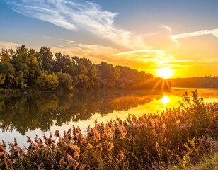 River scene at sunset, with trees, reeds, and golden sky