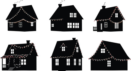 Silhouette houses decorated with Christmas lights, festive holiday home vector illustration, winter celebration design, seasonal decoration artwork, cozy night scene © Afsun Creative