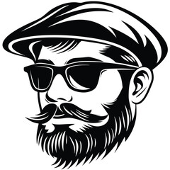 Monochrome man with a stylish mustache, beard, cap, and cool sunglasses presents a retro look