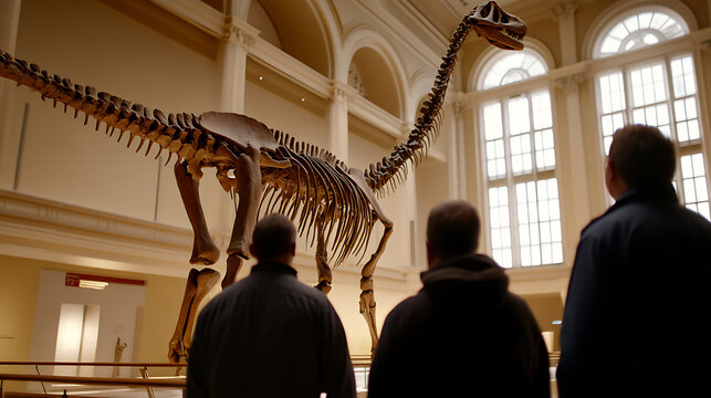 Visitors gazing at a massive dinosaur skeleton. The towering bones fill the museum hall, illuminated by light from large windows, creating an awe-inspiring sight. Paleontology comes alive! - Powered by Adobe