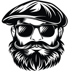 Monochrome man with large beard, cap, and sunglasses shows a strong stylized character