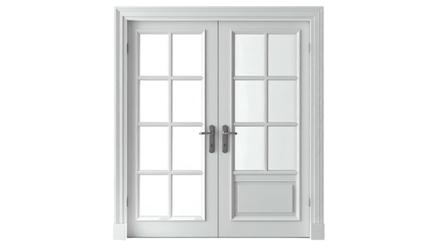 Elegant, symmetrical white double doors with glass panes, handle detail, isolated on black