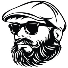 Stylishly bearded man wearing a hat and sunglasses presents a cool art