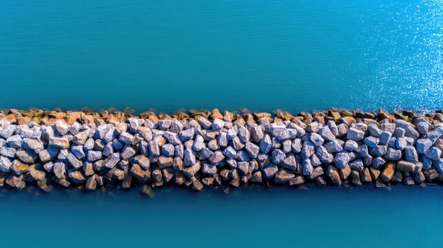 Aerial view of a rocky breakwater extending into a serene turquoise sea, with gentle waves lapping