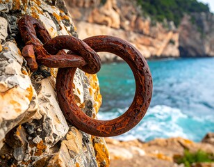 Rusty ring and chain embedded in rock, overlooking a beautiful ocean scene