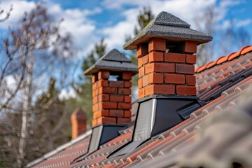 Distinct brick chimneys rise above slate roof, set against bright blue sky. Intricate details of brickwork and chimney caps are clearly visible. Neural network AI generated