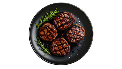 Overhead shot of four grilled steak medallions on a black plate, garnished with rosemary