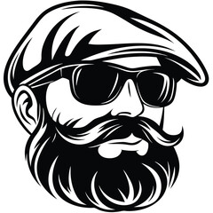 Line art shows a man with a cap, beard, and sunglasses confidently