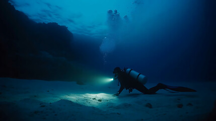 An adventurer in the depths, exploring the underwater world. The diver is equipped with a torch to illuminate the unknown, revealing the mysteries of the sea below the surface.