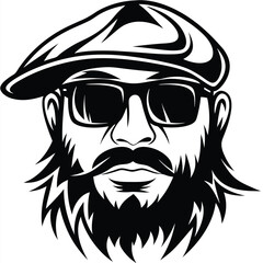 Monochrome hipster character sporting a newsboy cap and glasses showcases a beard and mustache