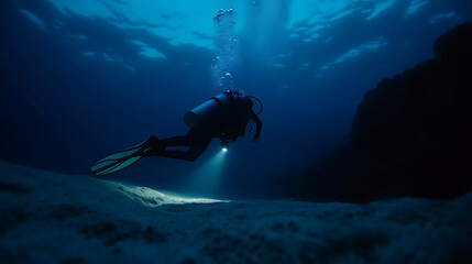 A diver explores the underwater world, the light cuts through the darkness. Bubbles rise as they glide over the sea floor, surrounded by deep blue.