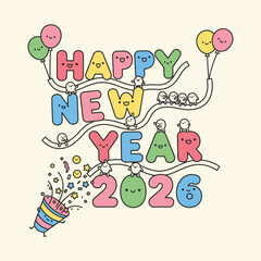 Playful Happy New Year Doodle illustration with Festive Cartoon Characters