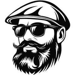 Monochrome bearded hipster wearing flat cap and sunglasses displays a vintage aesthetic