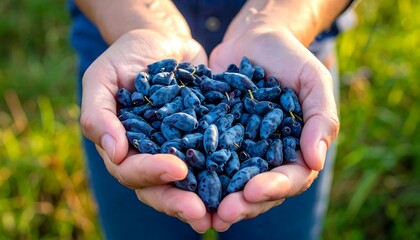 Open hands cradle a heart-shaped cluster of dark blue berries