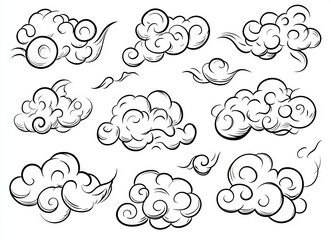 Fototapeta premium Asian clouds along with Chinese and oriental ornaments of Japan during autumn in doodle style, combined with Korean sky decorations, traditional and modern retro graphic elements, art and cartoon