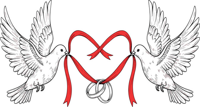 Two doves carrying a red ribbon heart and wedding rings creating an icon for love and marriage