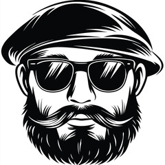 shows a bearded man wearing shades and a cap with a white background