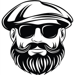 Stylish man illustration, wearing newsboy cap and sunglasses with elaborate beard and mustache