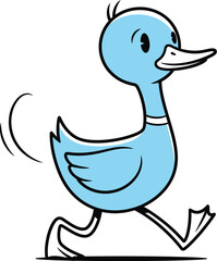 Blue cartoon duck running on a plain background, vector style