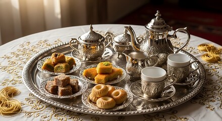Fototapeta premium Elegant silver tea set with various Arabic sweets on a tray