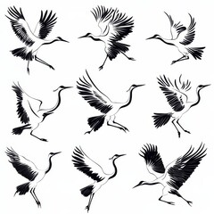 A set of silhouette or shadow black ink icons featuring crane birds or herons in various poses, including flying and standing, isolated on a white background