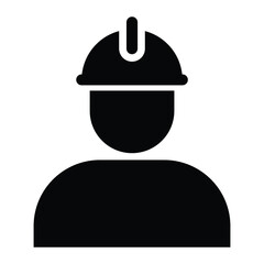 A icon of person wearing safety helmet symbolizing construction worker, engineer, builder, architect, industrial labor, job safety, and occupational protection concept isolated on white background.