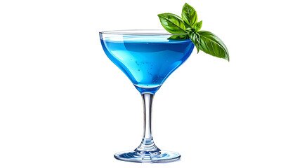 A vibrant blue cocktail in a coupe glass with a basil garnish, set against black