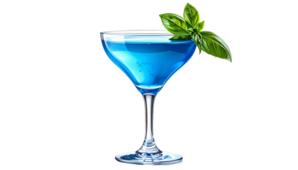 A vibrant blue cocktail in a coupe glass with a basil garnish, set against black