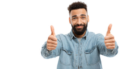 Enthusiastic Man Gives Double Thumbs Up Approval with Checkered Backdrop Studio Portrait