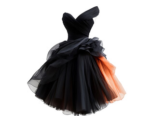 Sophisticated black gown featuring an asymmetrical design and a touch of peach. Its layered details and form-fitting bodice make it a stunning statement piece.