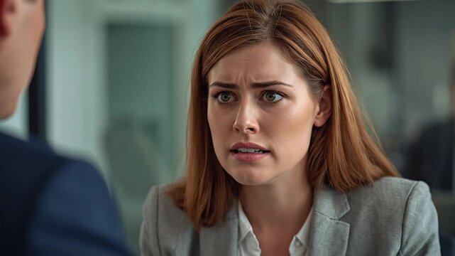 Worried businesswoman with a concerned and puzzled expression during a serious conversation in a modern office environment.