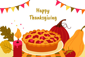 Thanksgiving Day. Traditional holiday in United States and Canada. Bright Thanksgiving Day background.Template vector illustration for invitation card, cover, a poster, banner, greeting card, flyer